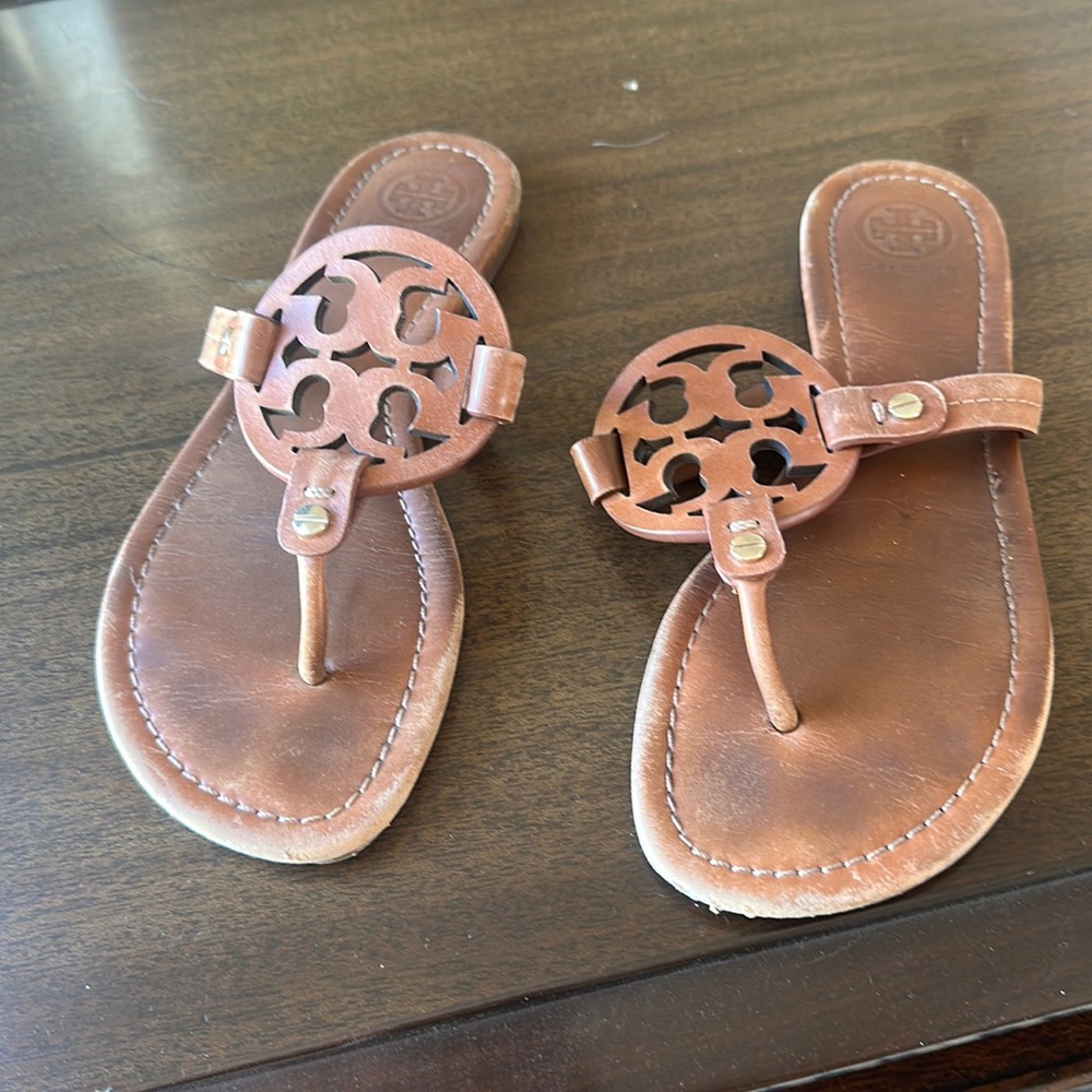 Tory Burch Brown Leather Miller Logo Thong Sandals
